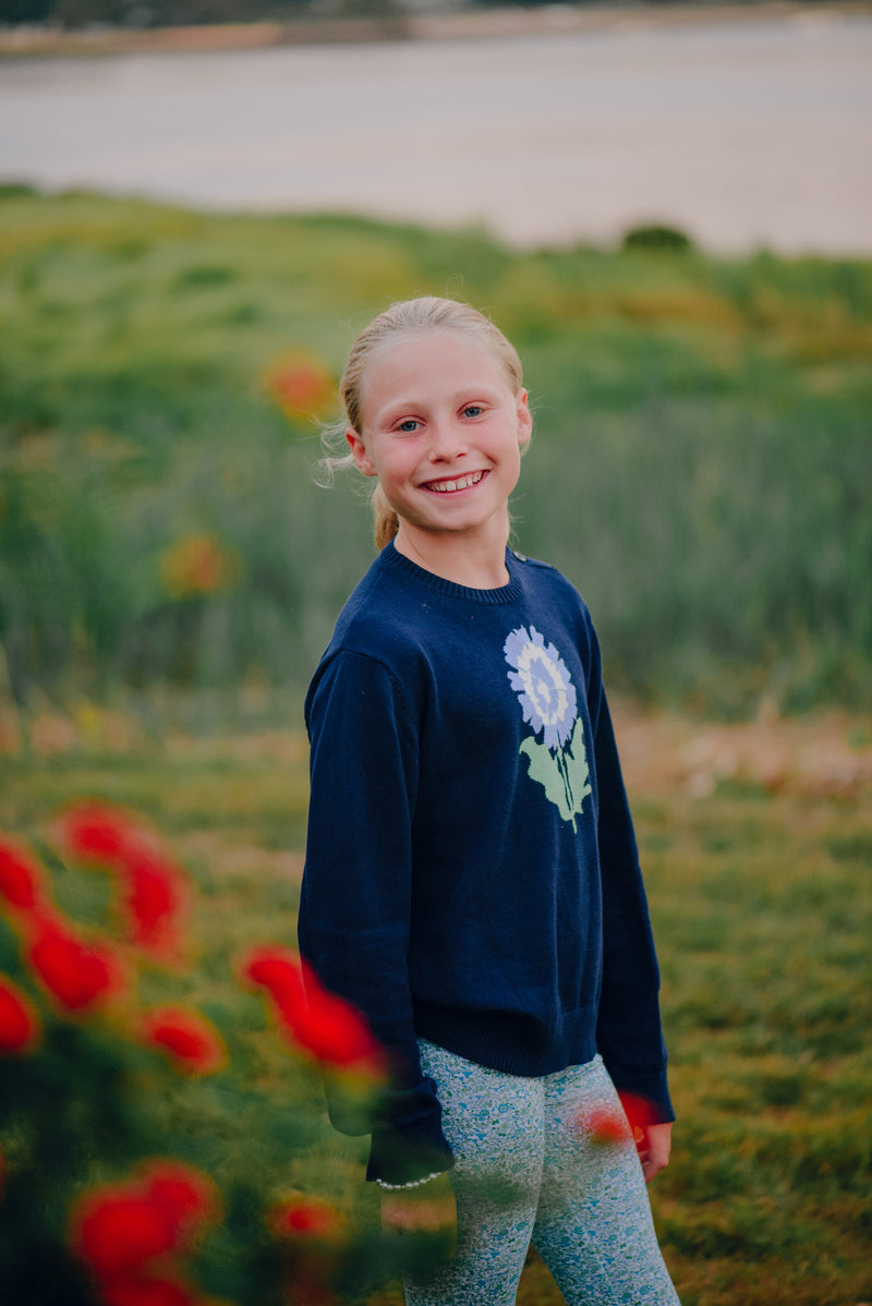 Navy Peony Intarsia Cotton Sweater